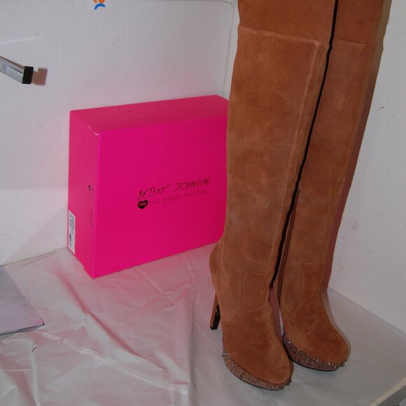 7.5❤️Betsey Johnson Suede Oiled Leather Over the Knee High Heels Platform BOOTS - Picture 2 of 12